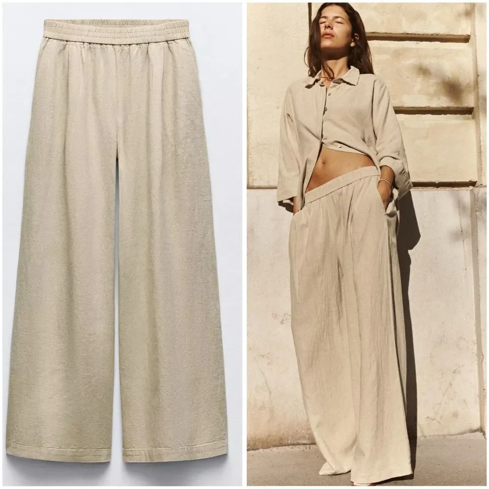 ZARA LINEN BLEND WIDE LEG PANTS LIGHT BEIGE